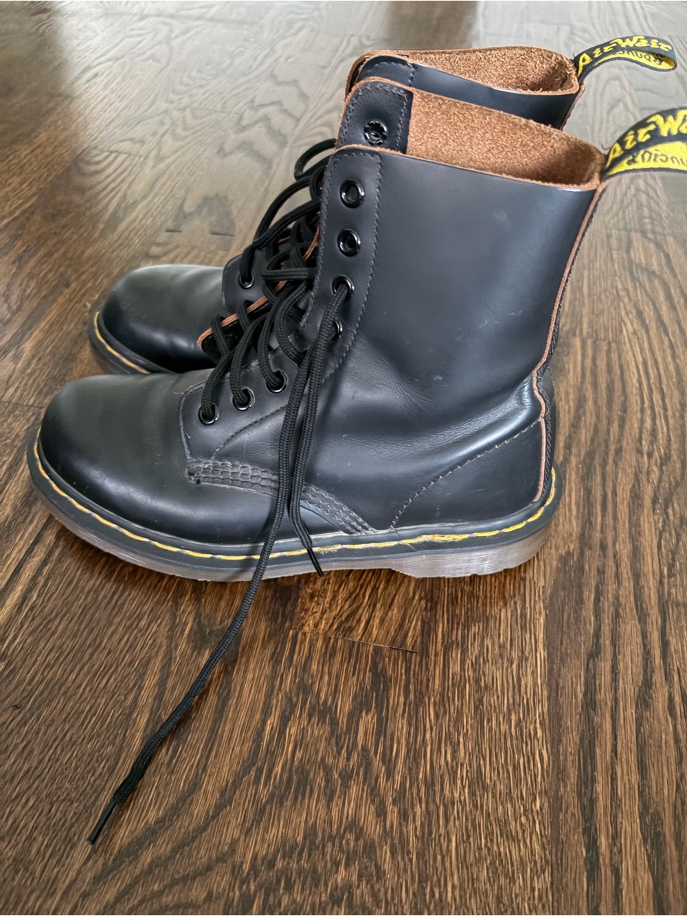 Dr. Martens Black Leather 8-Eye Lace-Up Boots with Yellow Stitching